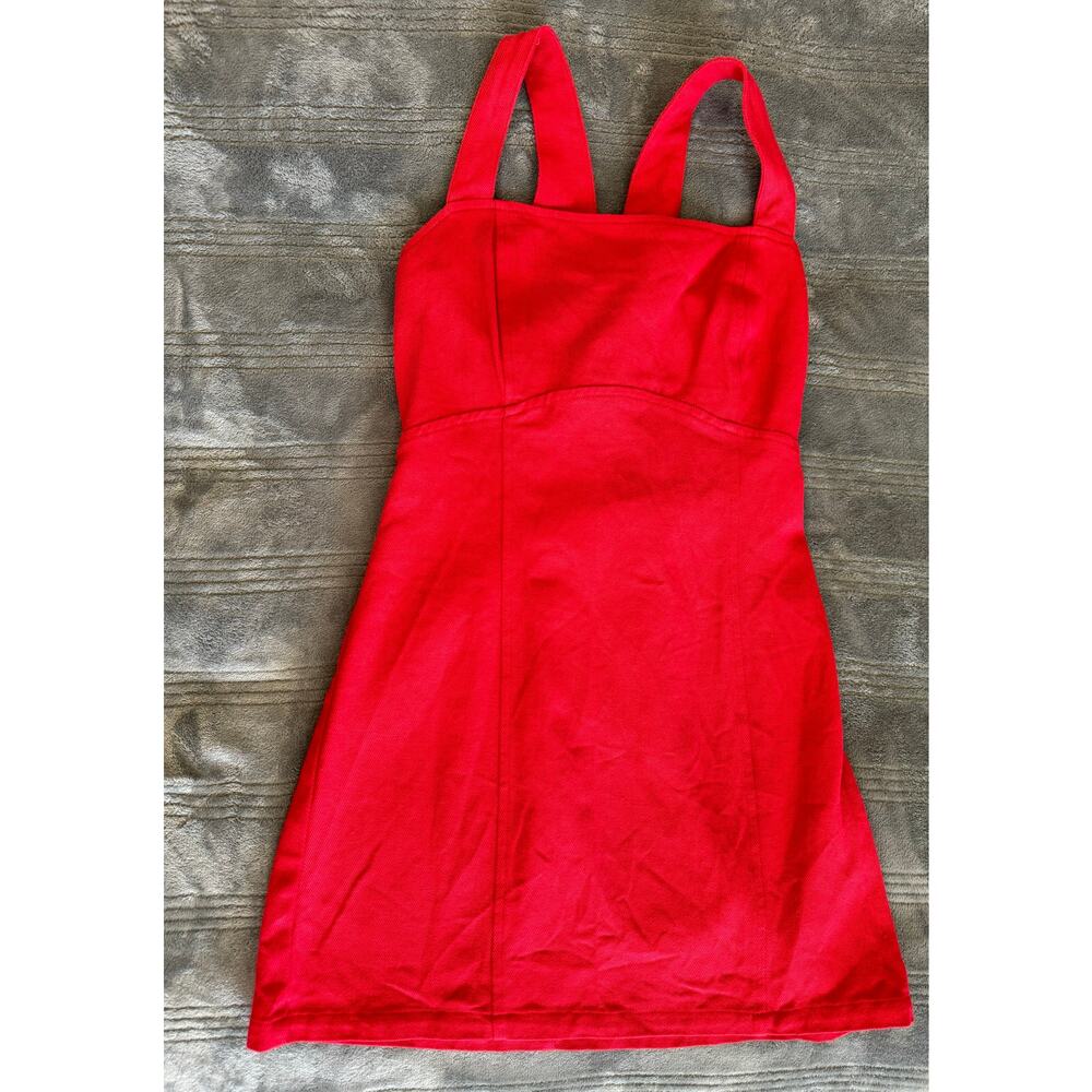 Cloud Ten Red Denim Wide Strap Fitted Mini Dress Adjustable Back Women's Small - Picture 6 of 11